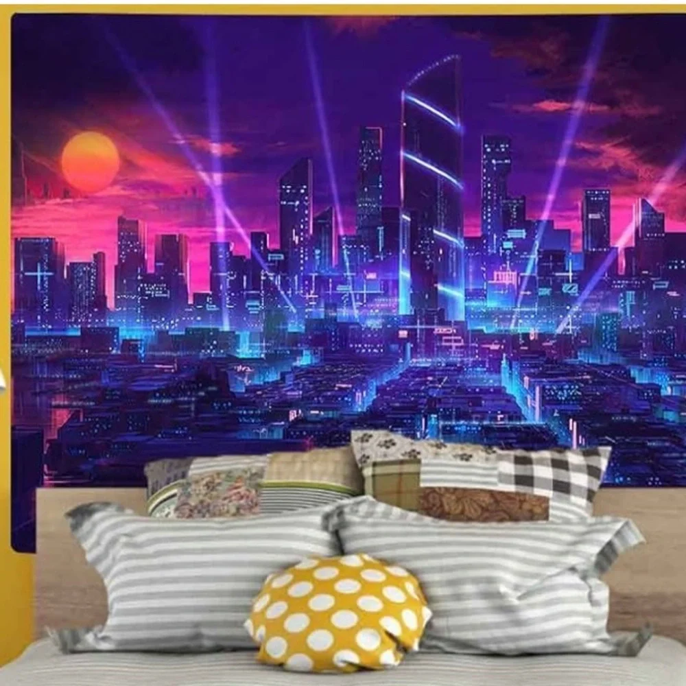 Aidatain Modern City Street View Tapestry - Blue and Purple Night City Japanese